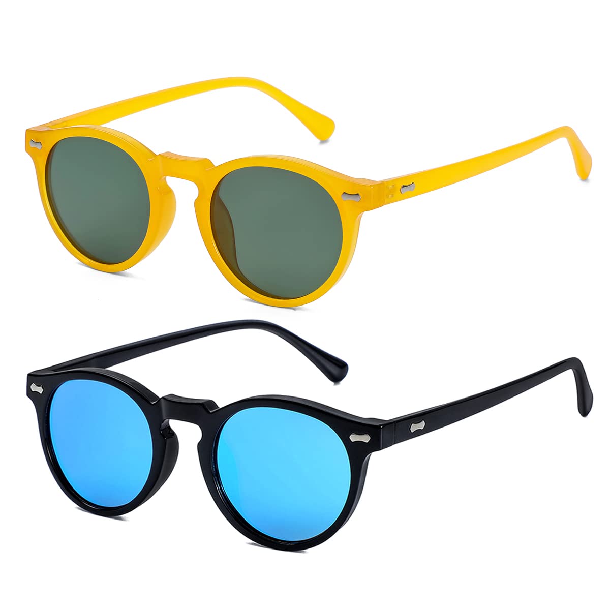 Photo 1 of Gleyemor Vintage Polarized Sunglasses for Men Retro Round Sunglasses (Yellow Frame/Green Lens + Black Frame/Blue Mirror Lens)
