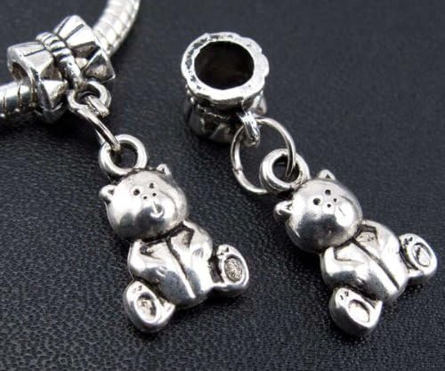 Silver Teddy Bear Dangle Charm Bead for Bracelet or Necklace