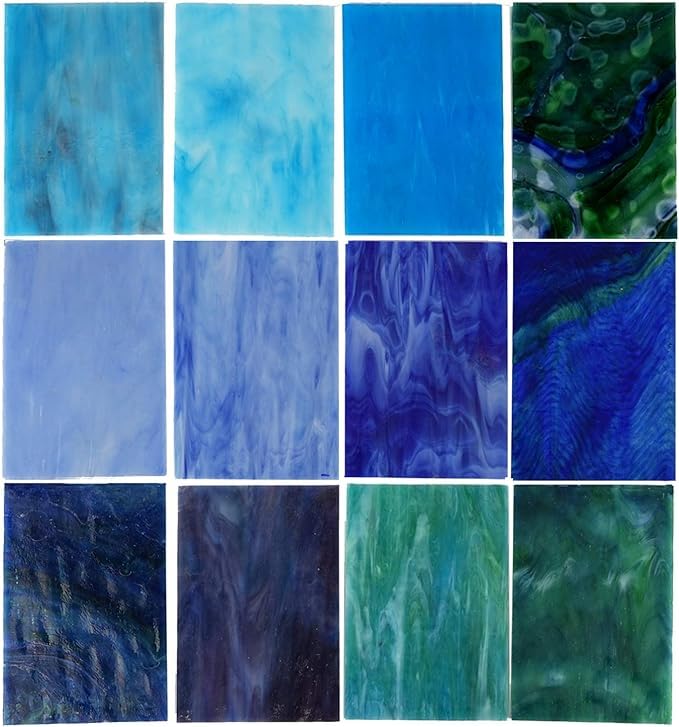 CHICSHIS 10 Vibrant Opaque Stained Glass Sheets, Assorted Brilliant Coloured Art Glass for DIY Mosaic Crafts, 4x6 inch Glass Sheets for Stained Glass Projects and Home Décor, Blue
