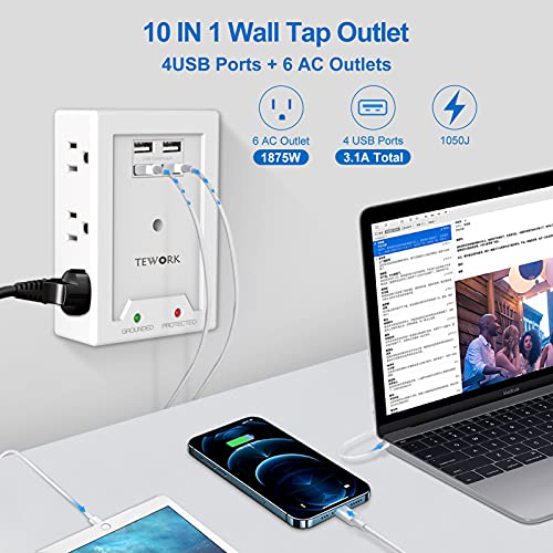Outlet Extender with USB, 1050 Surge Protector, Multi Plug Outlet Extender with 4 USB Ports, 6-Outlet Wall Mount Adapter Widely Spaced with Top Phone Holder for Home, Dorm Essential, Office-White