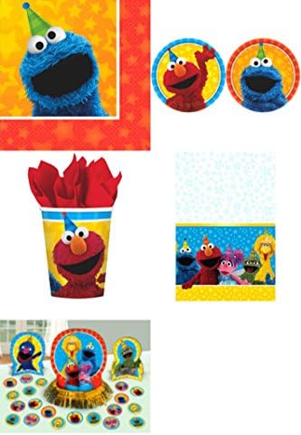 Sesame Street Party Pack for 16 by Amscan Includes Desert Plates, Beverage Napkins, Cups, Table Cover and Table Decorations