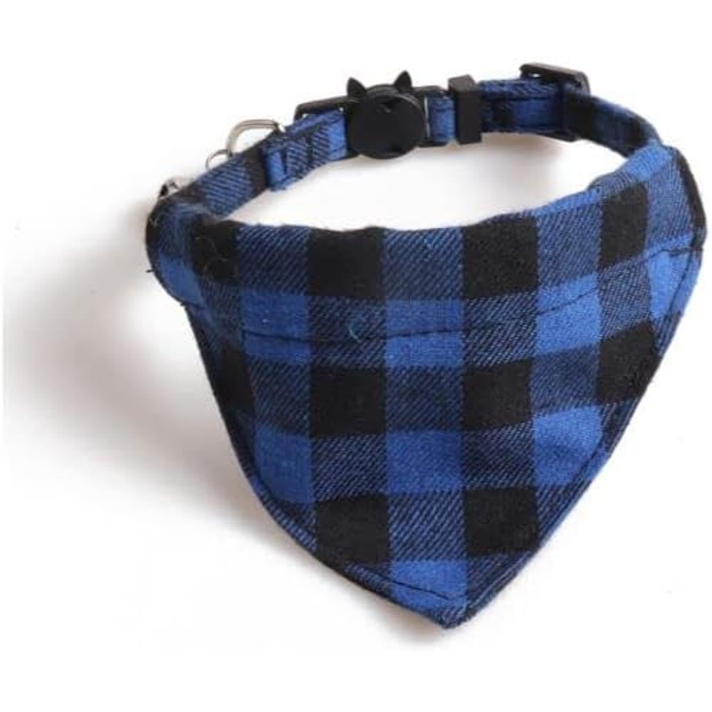 Bandana Cat Collars and Bell | Safe Quick Release Breakaway Buckle | Zacal Cat Collars (Blue & Black Chequered Bandana)