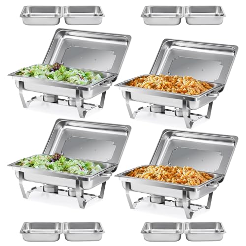 WILPREP Set of 4 Chafing Dishes, 1 Full Dish + 2 Half Plates, Rectangular 9L Stainless Steel Heated Buffets for Restaurants, Parties, Buffets, Banquets, Dinners (Pack of 4 – GN1/1+2×GN1/2)
