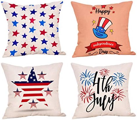 LIUguoo Happy Independence Day Throw Pillow Cover Happy Fourth of July Pillow Covers Set of 4 Decorative Cushion Cover for Sofa Couch Chair Bed Car Office 18x18 Inch