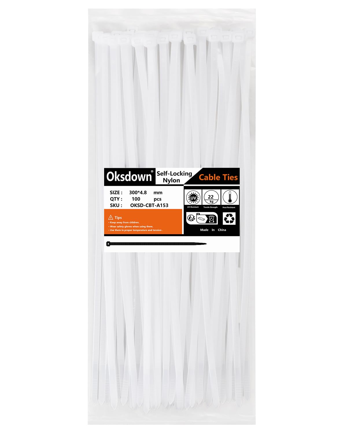 Oksdown 100 Pack White Plastic Cable Ties 300mm×4.8mm Strong Nylon Heavy Duty Self Locking 12 inch/30 cm Long Zip Tie Wraps