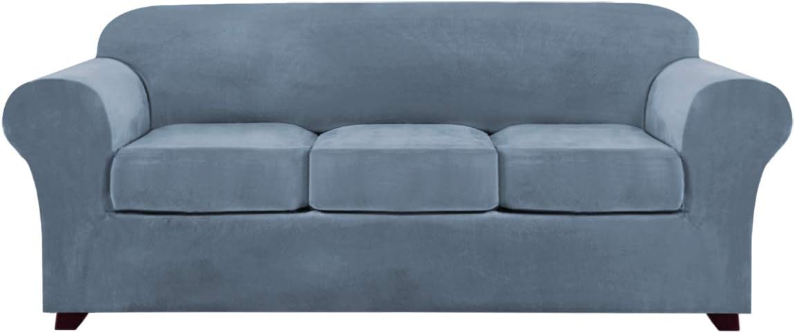 4 Pieces Sofa Covers Stretch Velvet Couch Covers for 3 Cushion Sofa Slipcovers Soft Sofa Slip Covers with 2 Non Slip Straps Furniture Covers with 3 Individual Seat Cushion Covers (Sofa, Stone Blue): Furniture & Decor