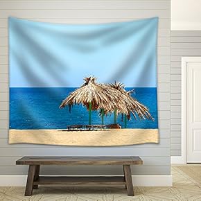 Blue Sea, Golden Sand, Sunbeds and Umbrellas on The Beach. iOS Island, Greece - Fabric Wall Tapestry Home Decor - 51x60 inches