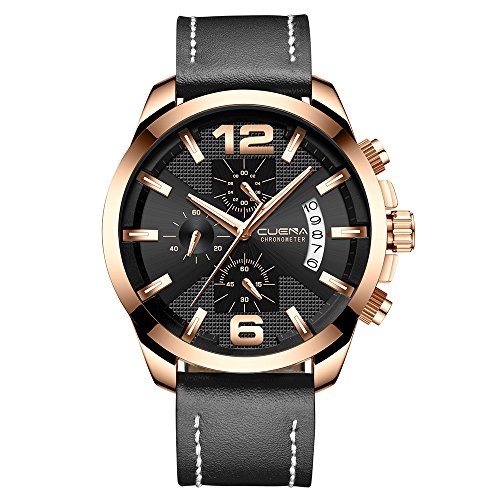 CUENA Men Wrist Watch Leather Band Fashion Waterproof Quartz Stainless Steel Chronograph Military Watch