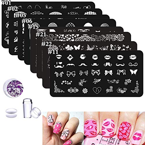 8Pcs Nail Stamping Kits Stamping Plates Stamper Scraper Set - DAODER Cute Sweet Heart Kiss Nails Love Animals Flower Nail Print Pattern Stainless Steel Manicure Plates + 1 Polish Stamper Scraper