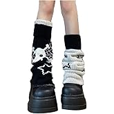 QXFQJT Women Girls Leg Warmers Y2k Star Skull Harajuku Gyaru Japanese Goth Leg Warmers Knit Striped Long Leg Cover