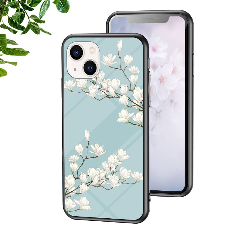 Huzhide iPhone 14 5G Case, Smooth Glass Back Cover Blooming Flowers Design Soft TPU Bumper Shockproof Bulletproof Thin Protective Phone Case for iPhone 14 6.1-Inch for Girls Women, Gardenias