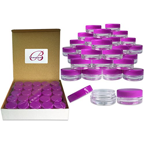 (Quantity: 200 Pieces) Beauticom 3G/3ML Round Clear Jars with PURPLE Lids for Scrubs, Oils, Toner, Salves, Creams, Lotions, Makeup Samples, Lip Balms - BPA Free