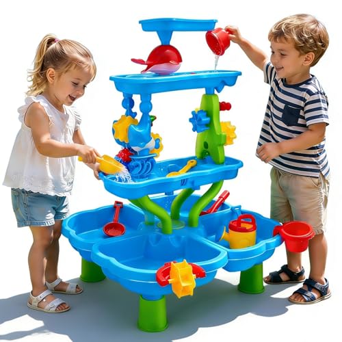 4 Tier Water Table for Children, 4 in 1 Water Games and Outdoor Sand with Accessories (Incl. Sand Mould, Shovel, Watering Can, Activity), Educational Activity Table for Boys and Girls Aged 3+