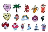 16Pcs Iron On Embroidered Applique DIY Decoration Patch Set - Love-heart Coconut Palm Tree Banana Strawberry Ice Cream Cup Cake Donuts Carrot Rainbow Sailboat Cactus Popcorn Mushroom Patch
