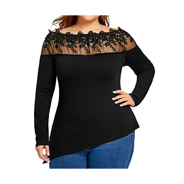 Women Long Sleeve Blouse Large Size Shirt Lace Patchwork Tops Casual Pullover Slash Neck Sweatshirt