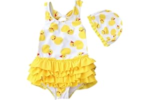 Sanqidu Toddler Baby Boys Girls Yellow Duck Swimsuit Outfit Cute Patterns Swimwear Bathing Suit Summer Beachwear with Hat
