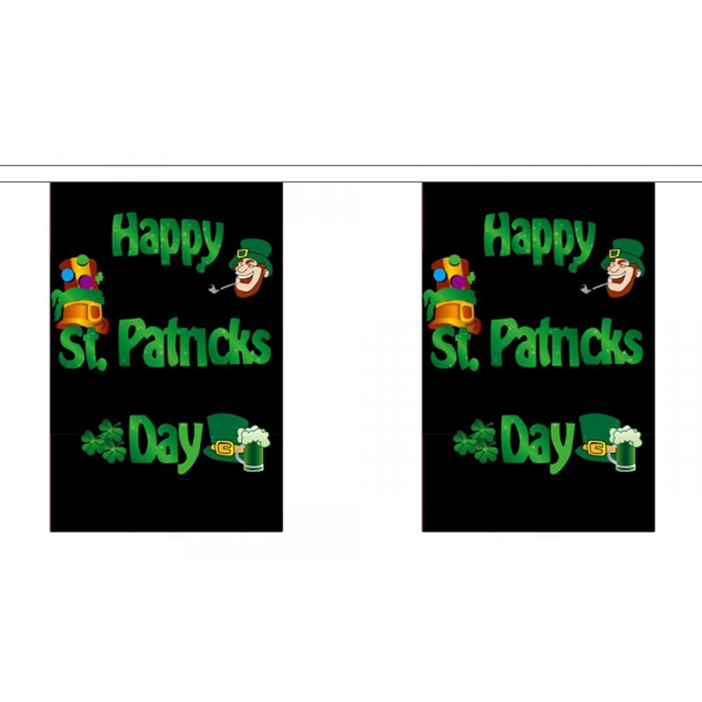 Flagtex Happy St Patrick's Day (Black) Fabric Bunting – 3m with 10 Flags – Fabric for Indoor & Outdoor Use – String Flags Banners St Paddy's Day Irish Ireland March