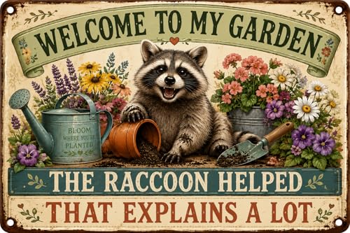 Funny Raccoon Garden Metal Sign, Rustic Outdoor Decor, Raccoon… at Amazon