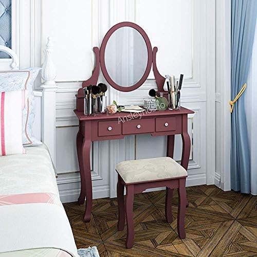 Homesailing Makeup Vanity Dressing Table Set with Drawers and Stool Mirror for Woman Girls Modern Style Vanity Table for Bedroom Corner Bathroom for Kids Girls Woman Gift (Cherry)