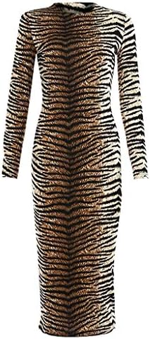 Sunnyadrain Women Fashion O-Neck Tiger Print Long Sleeve Knee-Length Dress