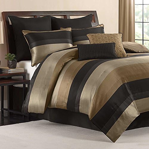 Hudson Elegant Luxury Striped Quilted Patchwork Jacquard Bedding 9 Piece Bed in a Bag QUEEN Comforter Set with Sleep Mask