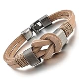 Men's Alloy Genuine Leather Bracelet Bangle Rope Brown Silver Infinity Braided (with Gift Bag)