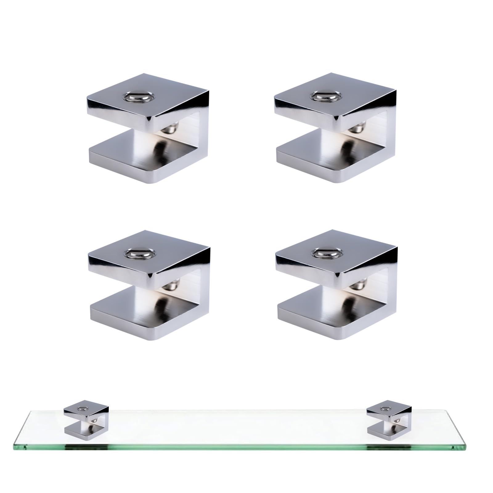 INCREWAY Glass Shelf Clamp, 4PCS Solid Brass Shelf Holder Bracket Support Wall Mount No-Drill-on-Glass Fixed Panel for 5-8mm Thickness Glass, Bright Chrome