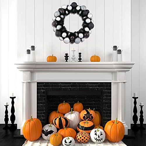 HAKACC Halloween Ball Wreath,13 Inches Black and Silver Halloween Ornament Garland Decoration for Festival Celebration Door Window Wall Home Theme Party Decoration