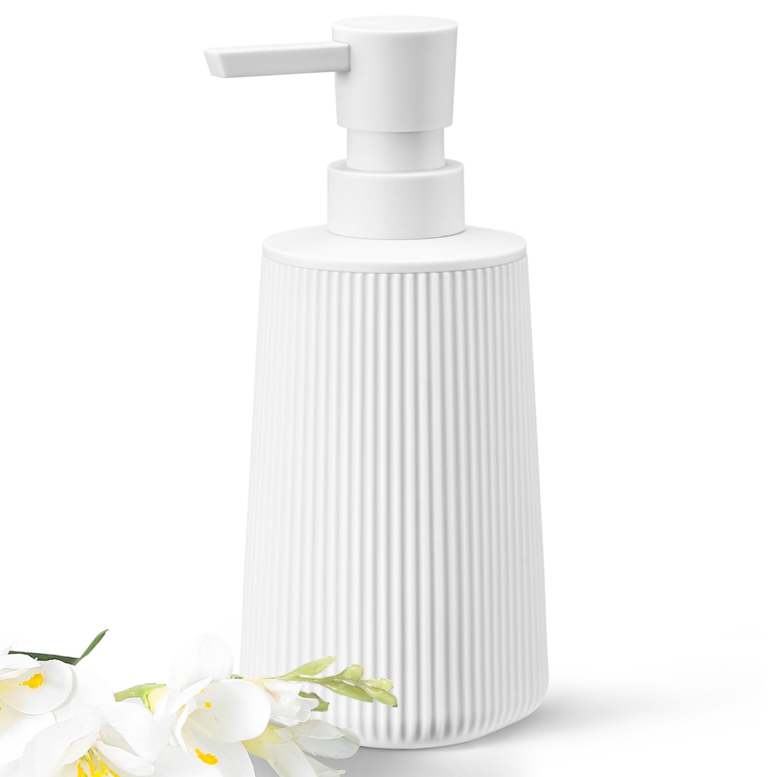 zuxzmj White Hand Soap Dispenser with No Rust Pump for Bathroom and Kitchen Countertops Refillable Striped Matte Plastic 8.5 oz