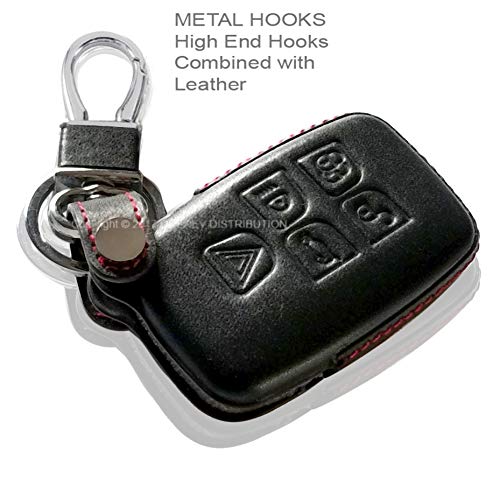 Dobrev 5 Buttons Genuine Leather Smart Key Case Rubber Cover Skin Fob Holder for Land Rover Range Rover Evoque Sport Vogue Discovery Freelander Remote Key (Black Leather)