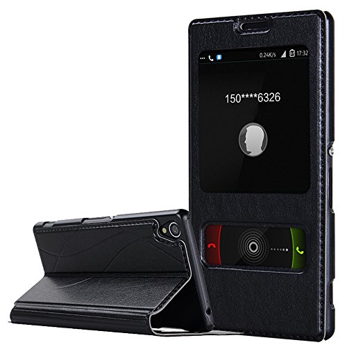 Pasonomi Sony Xperia Z3 Case, [Double View Window] Premium Slide Flip Protective Case Wallet Stand Leather Case for Sony Xperia Z3 Smartphone (Black)