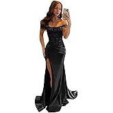 Ibpdea Off Shoulder Prom Dresses Lace Applique Evening Dress with Slit Sequin Satin Formal Party Gown