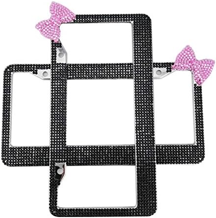 Set of 2 BMW Jeep Wrangler Front Back Car License Plate Frame Holder Cover Bracket for Women Girl Black Bling Diamond Rhinestone Crystal Stainless Steel Metal Chrome with Pink Bow Screws 2 Pack 1 Pair