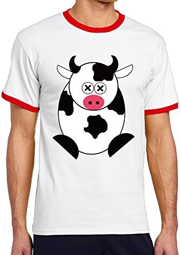 Funny Cartoon Dizzy Cow Man Round Neck Contrast T-shirt Red Small
