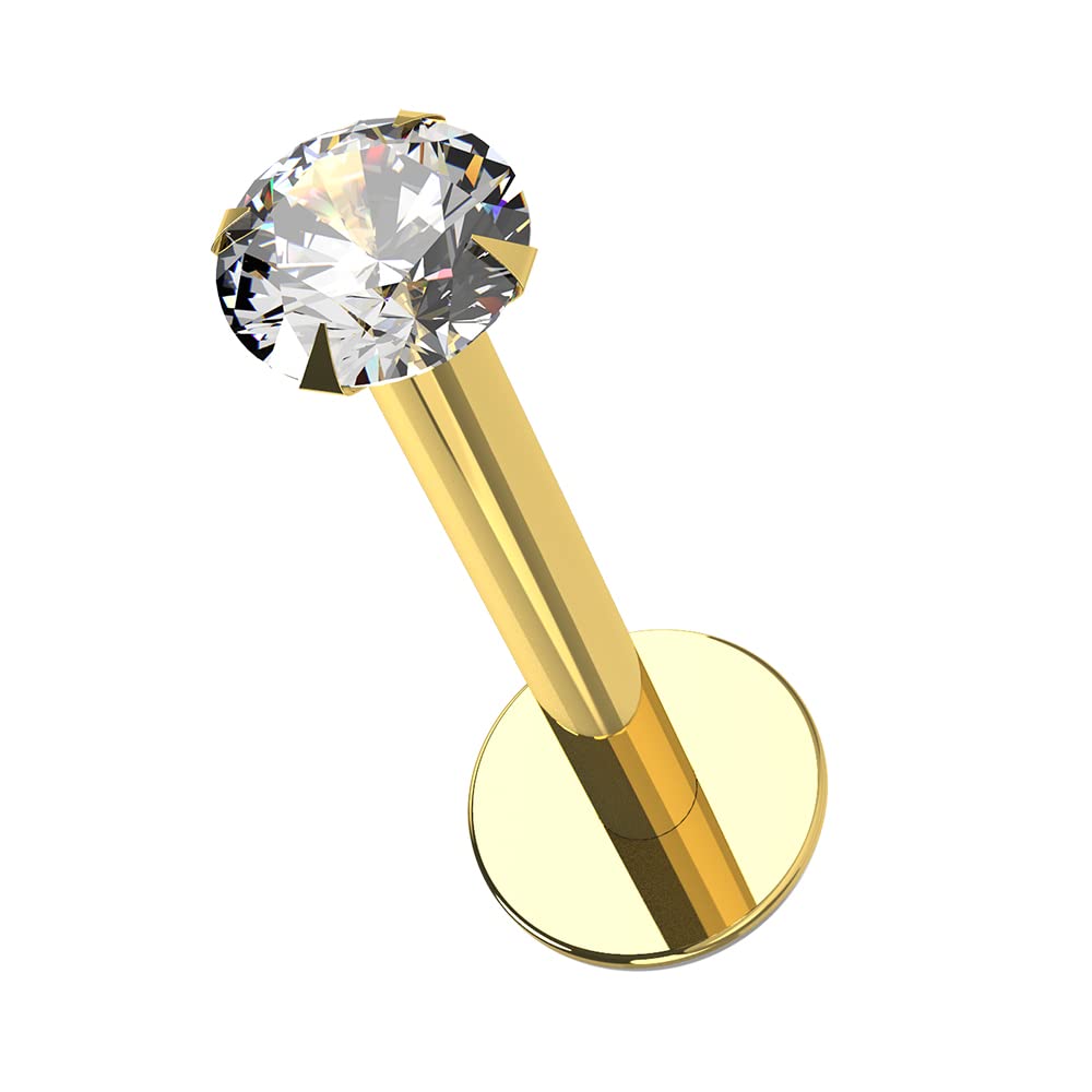 14K Solid Yellow Gold 16 Guage - 6MM Length Hollow Internal Lip Labret with 2MM Round CZ Stone Tragus Bar Piercing