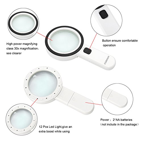 Magnifier Magnifying Glass with Light, 10X Handheld Lighted Led Magnifier with 12 LEDs Double Glass Lens for Seniors Reading, Coins, Stamps, Map,Jewelry, Inspection, Macular Degeneration - Thumbnail 3