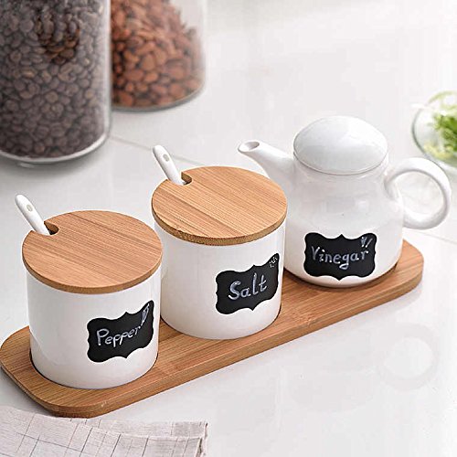 Ceramic Food Storage Condiment Server Pots with Bamboo Lid &Base- Modern Design Porcelain Jar- Perfect Canister for Sugar Bowl Serving Tea, Coffee, Spice, Salt,10.2 OZ (300 ML), Sugar Oil