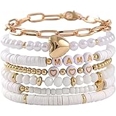 RLHRNDE 7 PCS Mom Bracelet for Women Handmade Dainty Gold Crystal Beaded Bracelets Set Clay Colorful Surfer Stackable Beads Boho Bracelet Gifts for Women