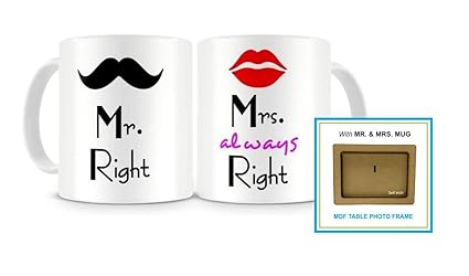 Paper Plane Design Mr. & Mrs. Right Couples Ceramic Printed Coffee Mug ,Set Of 2