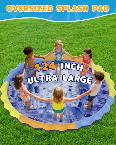 Instraella Splash Pad for Kids and Dogs, 124in Non-Slip Sprinkler Mat 0.5mm Thickened Durable and Foldable Large Pool Summer Fun Outdoor Toys for Dogs and Toddlers Age