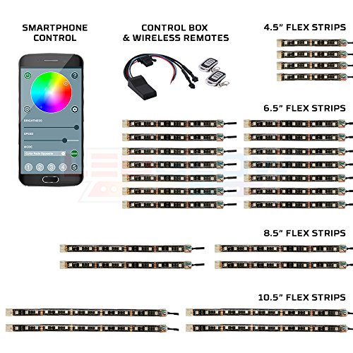 LEDGlow 26pc Advanced Million Color LED Flexible Motorcycle Lighting Strip Kit - Bluetooth-Connected Smartphone App - 258 LEDs - Waterproof Control Box - Dual Zone Control - 2 Wireless Remotes