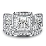 Zealmer Rhodium Plated Princess Cut Past Present Future Engagement Rings CZ Cubic Zirconia Set 7