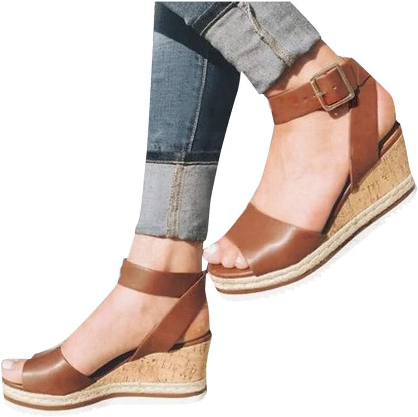 Women's Wedge-High Sandals Strappy Open Toe Espadrille Ankle Strap Buckle Shoes