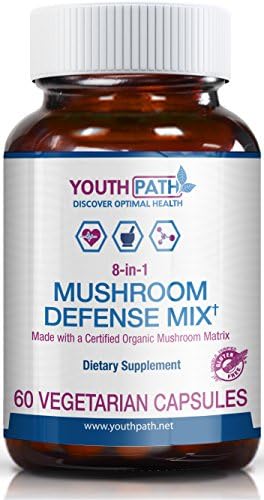 Mushroom Defense Mix (by Youth Path) - 8 in 1 Certified Organic Mushroom Matrix Immune System Booster - 60 Vegetarian Capsules
