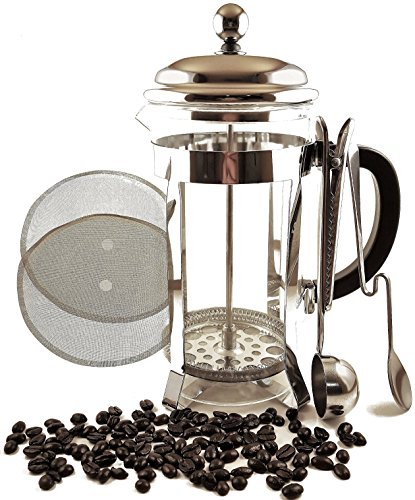 Classic French Press Coffee, Expresso & Tea Maker Complete Bundle Set | 34 Oz, 8 Cups | Best Stainless Steel Coffee Press Pot with Double German Glass