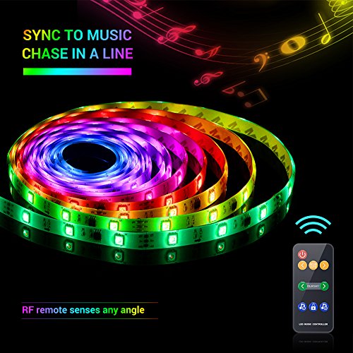 Led Strip Lights Sync to Music, 5M/16.54ft Chase Effect Led Lights Kit 5050 RGB Led Rope Lights Waterproof Led Lights Strip with 360 Degree Signals Accept RF Remote 12V AC Adapter Powered