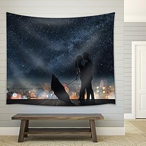 Silhouette of Couple Hug Under Stars. - Fabric Wall Tapestry Home Decor - 51x60 inches