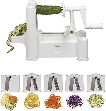 Veneto Kitchen 5 Blade Vegetable Spiralizer; Hand Operated, 5 Stainless Steel Blades, BPA-Free, Sturdy Design, Spiral Slices Zucchini, Cucumber, Sweet Potatoes, Squashes, Root Vegetables, and More