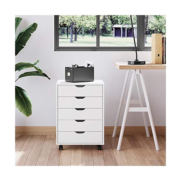 DEVAISE 5Drawer Chest, Wood Storage Dresser with Wheels, White