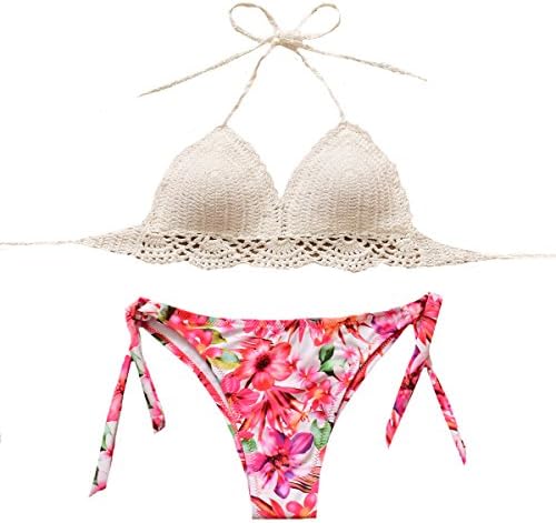 Rubylong Women's Handmade Crochet Bikinis Brazilian Push Up Printing Padded Swimsuit,Bj3069,S(US Size 2-4)